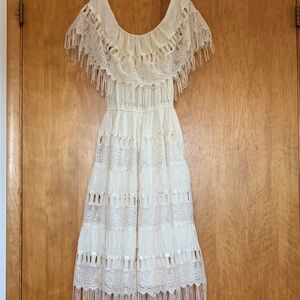 vintage whimsical off the shoulder embellished Cream Lace & fringe maxi Dress